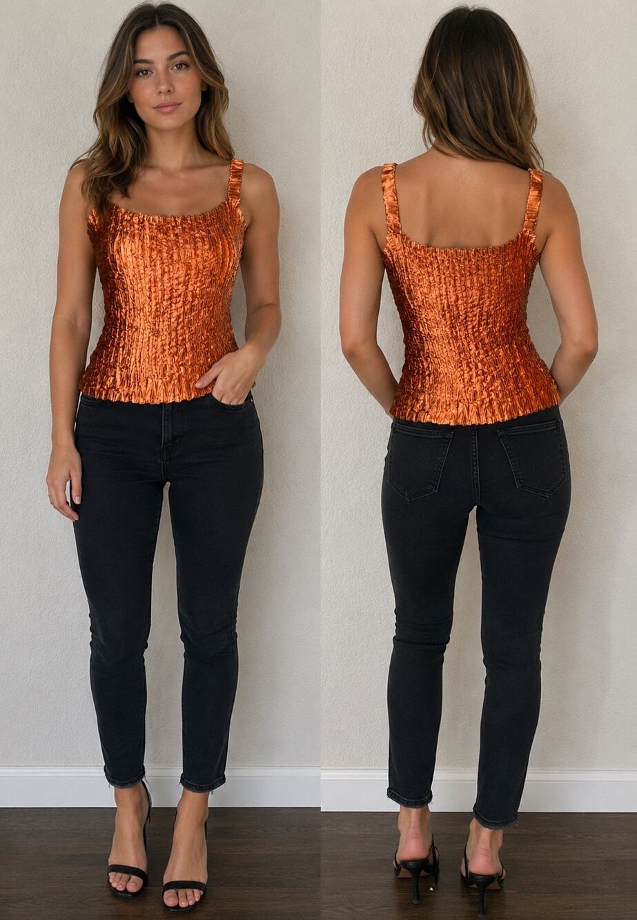 Jolie Mine Paris Made in France Crinkle Stretch Tank Top Copper Bronze Y2K